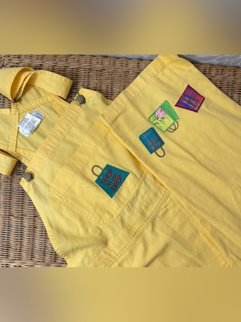 Vintage 90s Mandal Bay Women’s L XL Yellow Shop TIL You Drop Embroidery Overalls